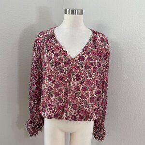 Express Womens Medium Floral Metallic V Neck Blouse Long Sleeve Shirt Top